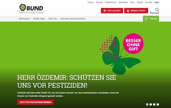 Screenshot der BUND Website im grünen Farbschema