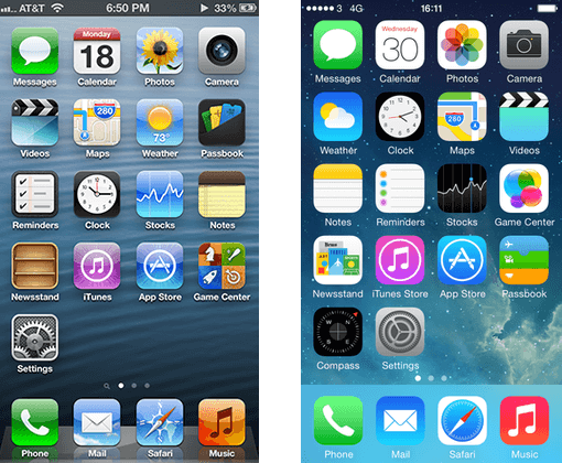 Screenshot Vergleich Flat-Design IOS7 mit IOS6