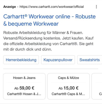 Screenshot Google-Ads-Erweiterungen Preis