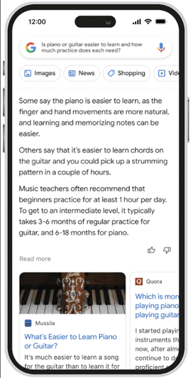Google Bard Frage, ob Klavier oder Gitarre leichter zu erlernen ist und wie viel Übung braucht man dafür?