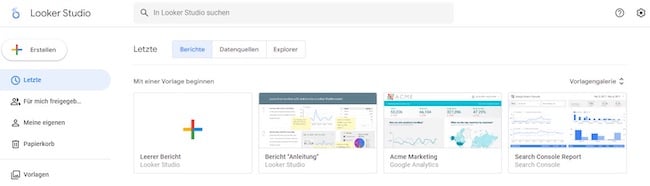 Übersicht über die kürzlich verwendeten Berichte in Google Data Studio bzw. Looker Studio