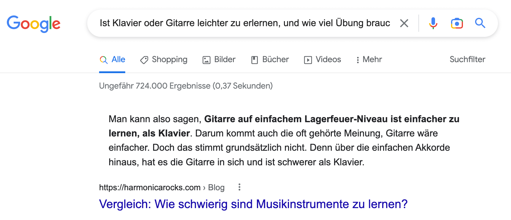 Google Suche nach Frage, ob Klavier oder Gitarre leichter zu erlernen ist und wie viel Übung braucht man dafür?