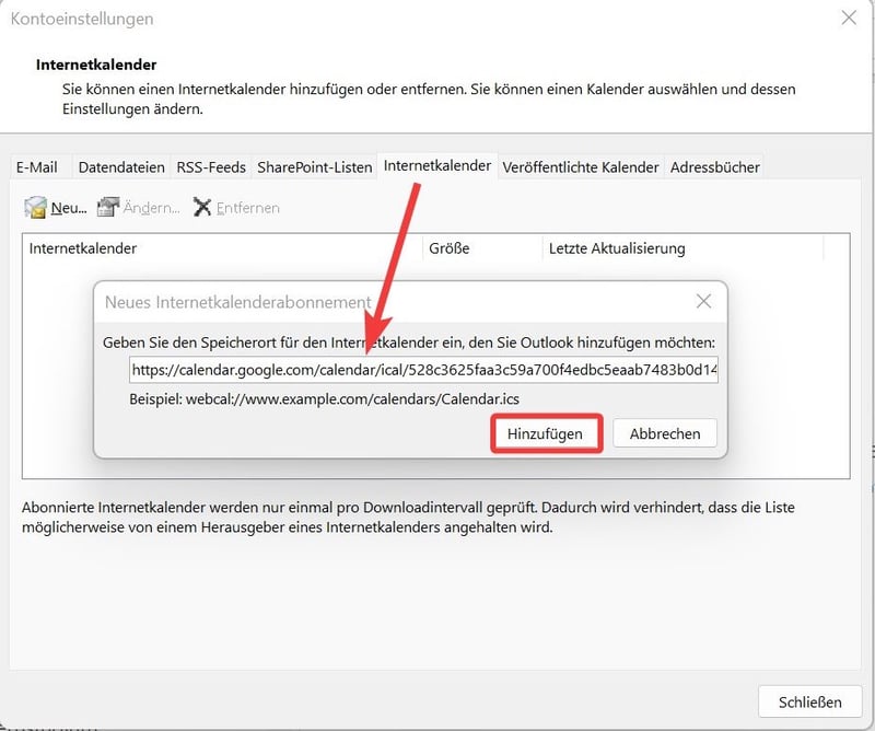 Screenshot Google-Kalendereinträge in Outlook anzeigen