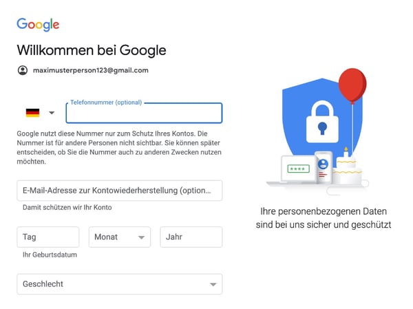 Screenshot Willkommen-Seite Google-Konto Registrierungsformular