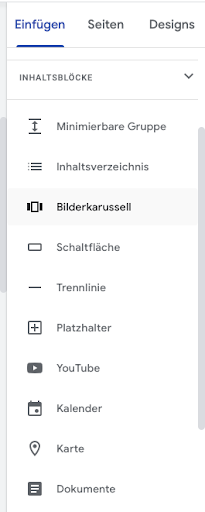 Google Sites erstellen - Auswahl der Inhaltsblöcke