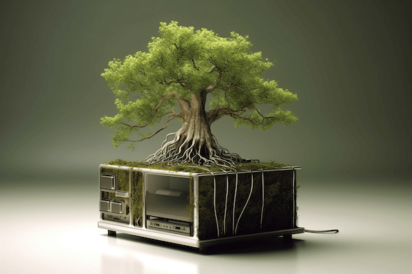 Green Hosting bildlich dargestellt mit einem Baum, der aus einem Server wächst 