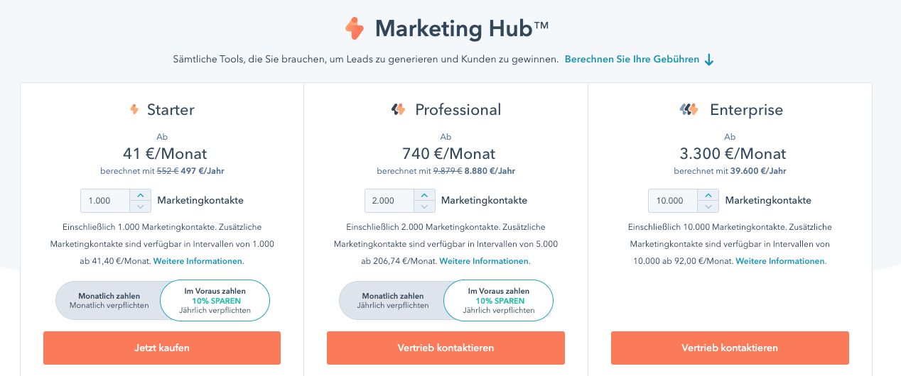 Webdesign und Preisübersicht von Marketing Hub von HubSpot