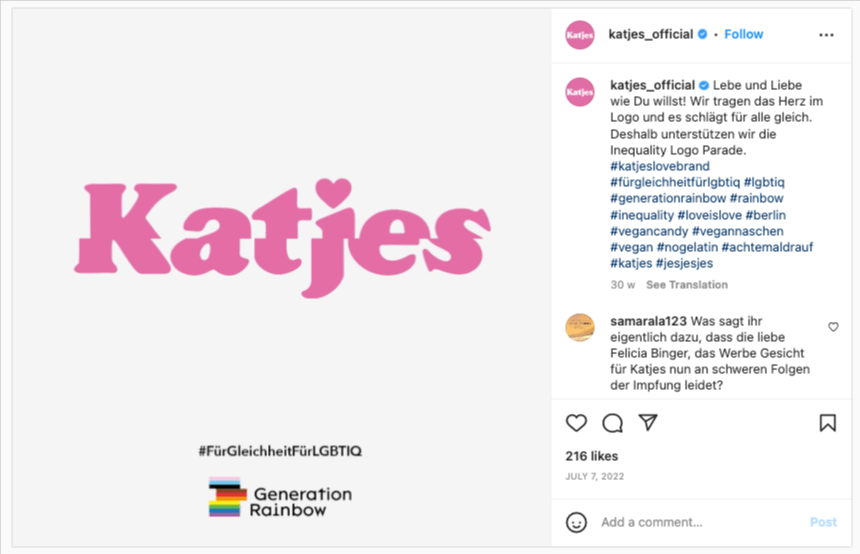 Screenshot Post mit Hashtags von Katjes