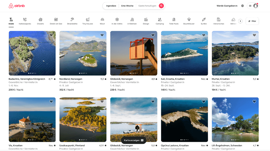 Homepage-Startseite von Airbnb