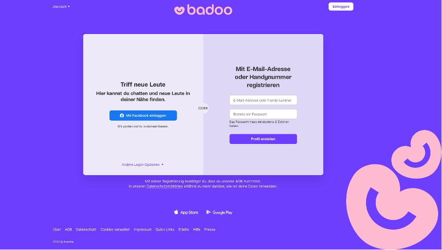 Homepage-Startseite von Badoo
