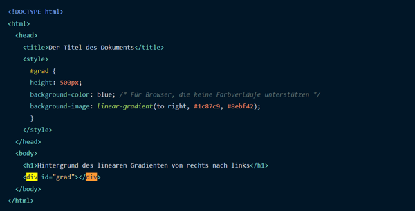 Screenshot Code HTML-Hintergrundfarbe Linearer Farbverlauf