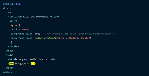 Screenshot Code HTML-Hintergrundfarbe Gradienten