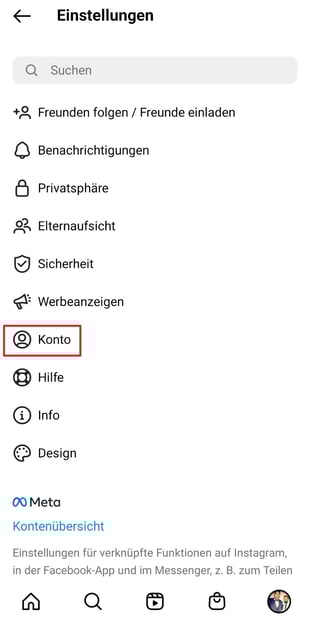 Konto unter Profil Einstellungen Instagram