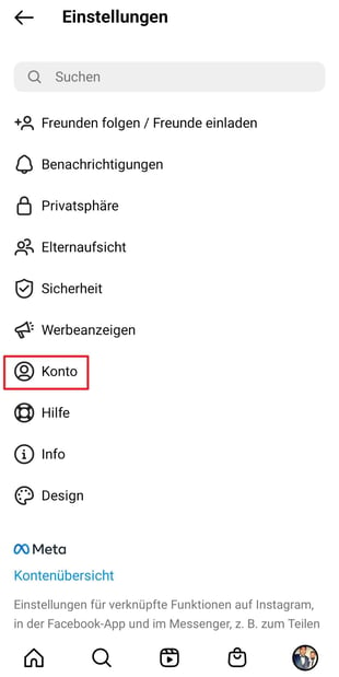 Konto unter Profil Einstellungen Instagram