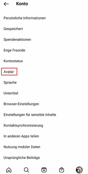 Avatar unter Konto Einstellungen Instagram