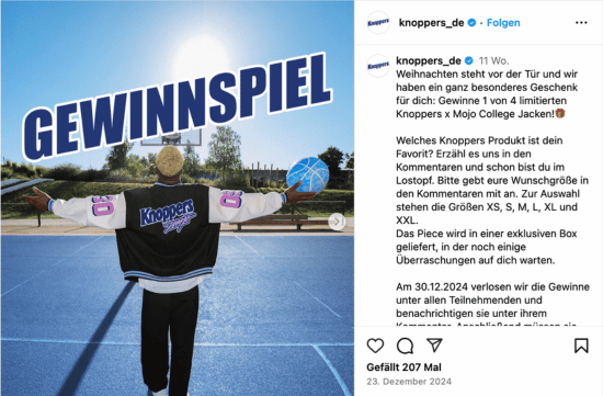 Screenshot eines Instagram Gewinnspiels von Knoppers
