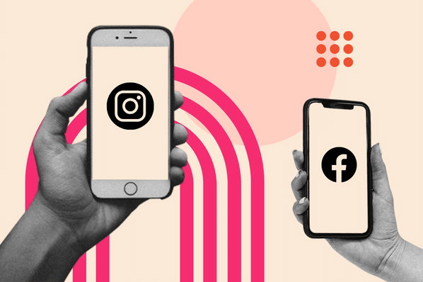 Instagram oder Facebook mit einer Collage dargestellt: Darauf zwei Haende, die jeweils ein Handy mit Instagram- und Facebook-Icons auf den Bildschirmen, halten