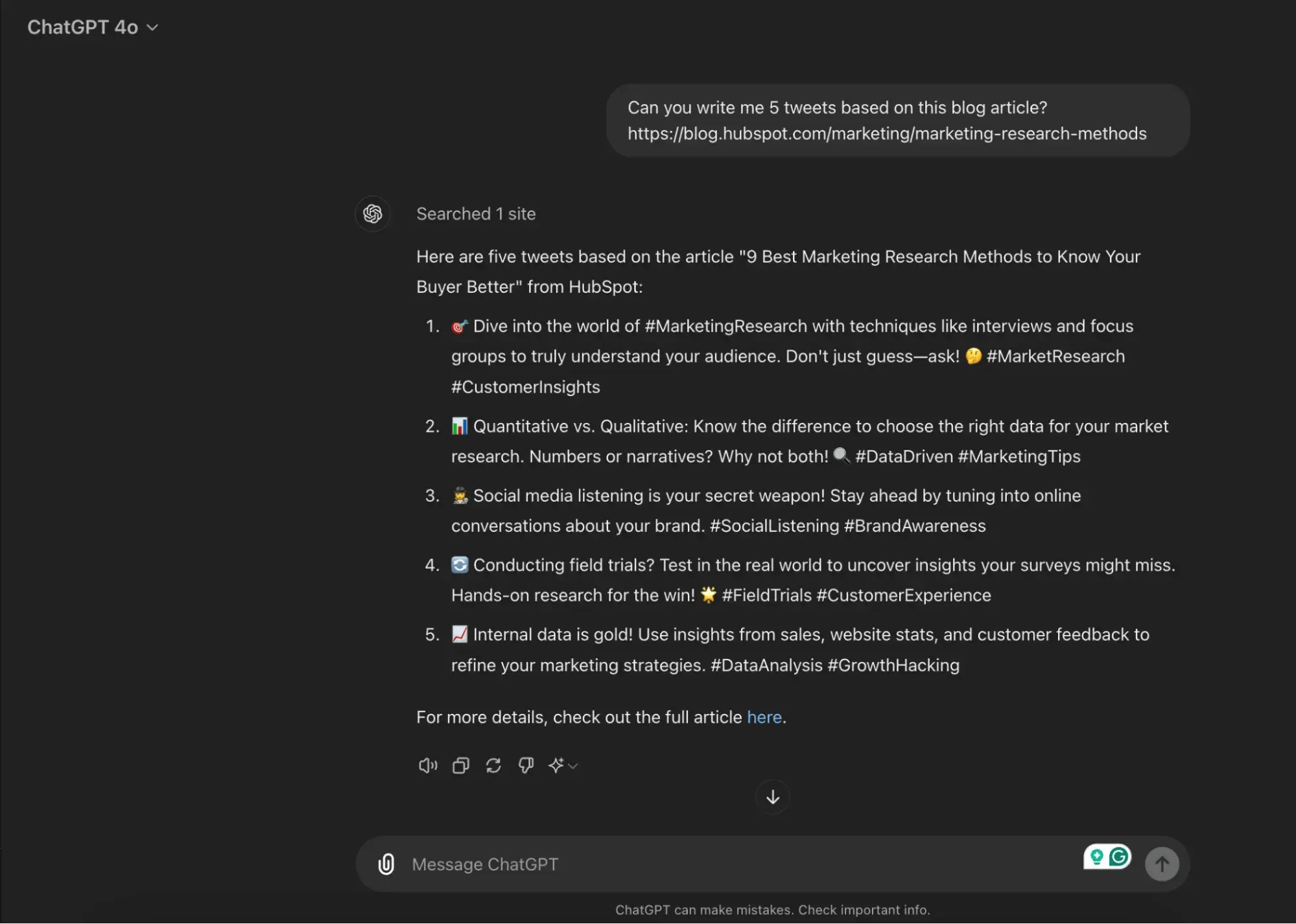 Screenshot des Dunkelmodus von ChatGPT beim Schreiben von Beispiel-Tweets basierend auf einem Blog-Artikel-Link.
