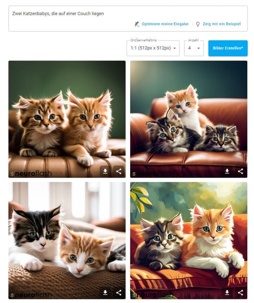 KI-Bilder: Ein von Neuroflash generiertes Bild von Katzenbabys.