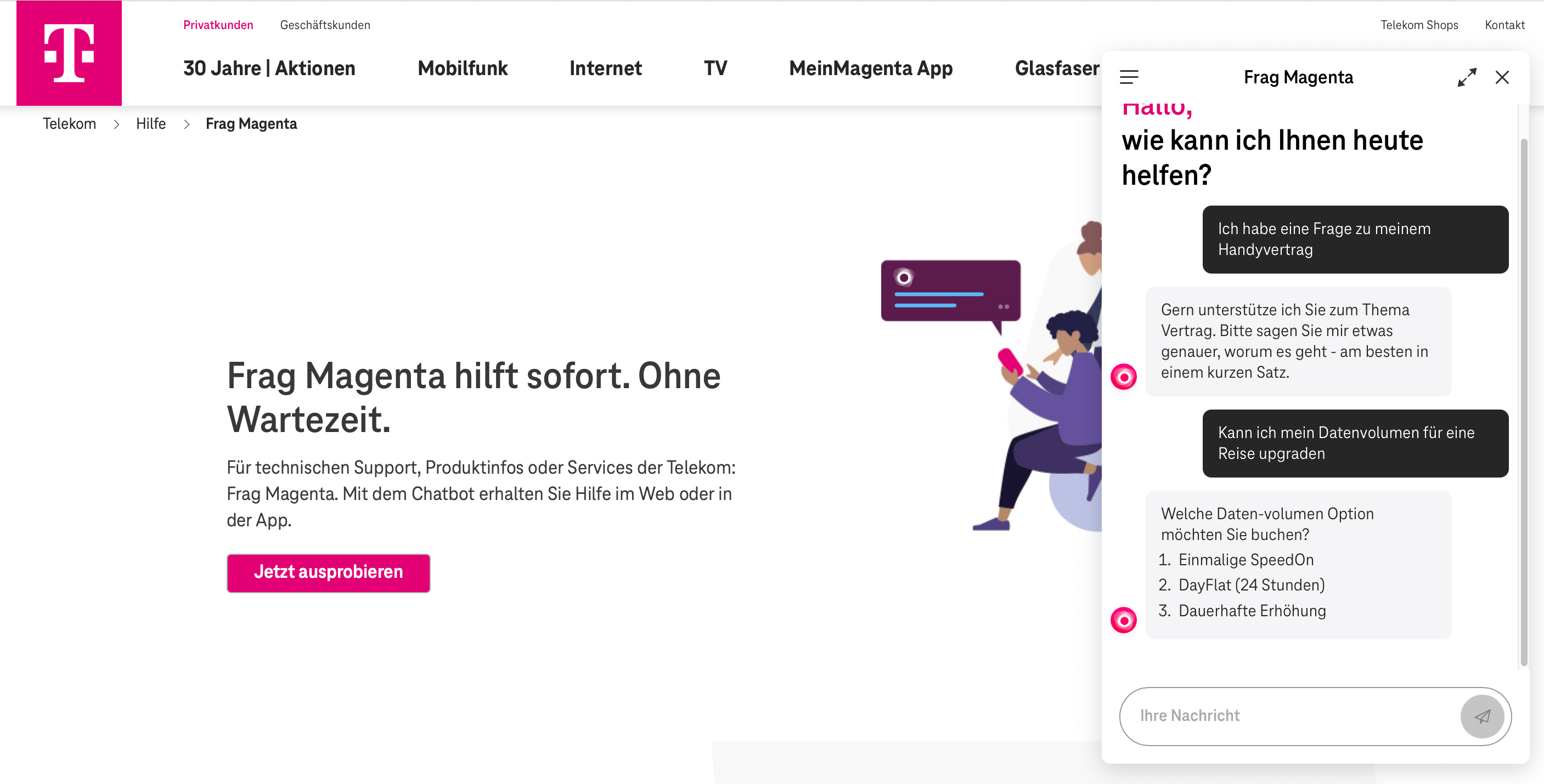Screenshot der KI im Kundenservice der Telekom