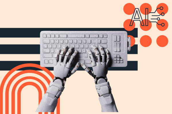 Roboterhände tippen auf Tastatur symbolisierend für KI-Programmiersprachen
