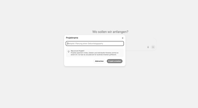 Screenshot benennung von Projekt