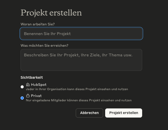Screenshot der Namenseingabe und Beschreibung eines Claude-Projekts