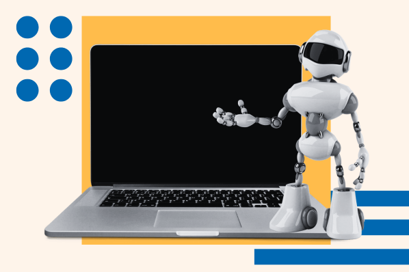 Roboter steht neben Laptop symbolisierend für kostenlose KI-Tools