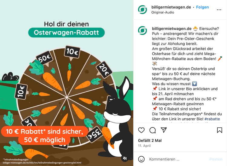 Screenshot von Instagram von billiger-mietwagen.de zum Thema Kundenbindung