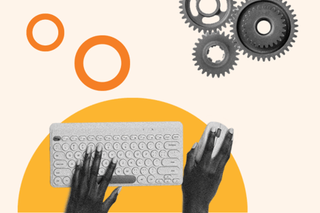 Landing-Page-Builder mit einer Collage mit Haenden auf einer Tastatur und Zahnraedern dargestellt