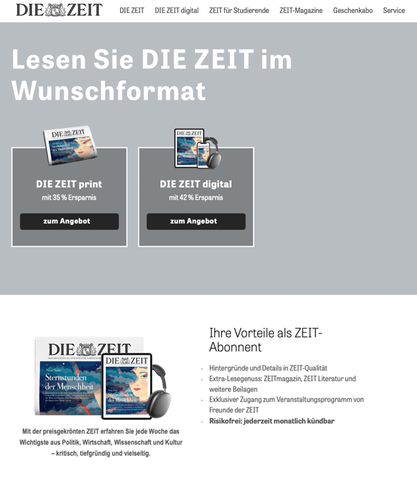 Screenshot einer Landingpage der Zeit für das Zeit-Abo