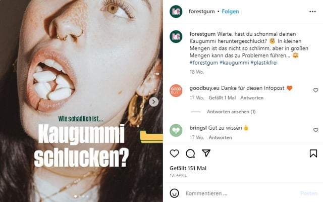 Im Lead-Nurturing-Prozess versorgt Forest Gum die Leads mit passenden Inhalten bei Instagram, die wiederum die Expertise und Glaubwürdigkeit der Brand untermauern