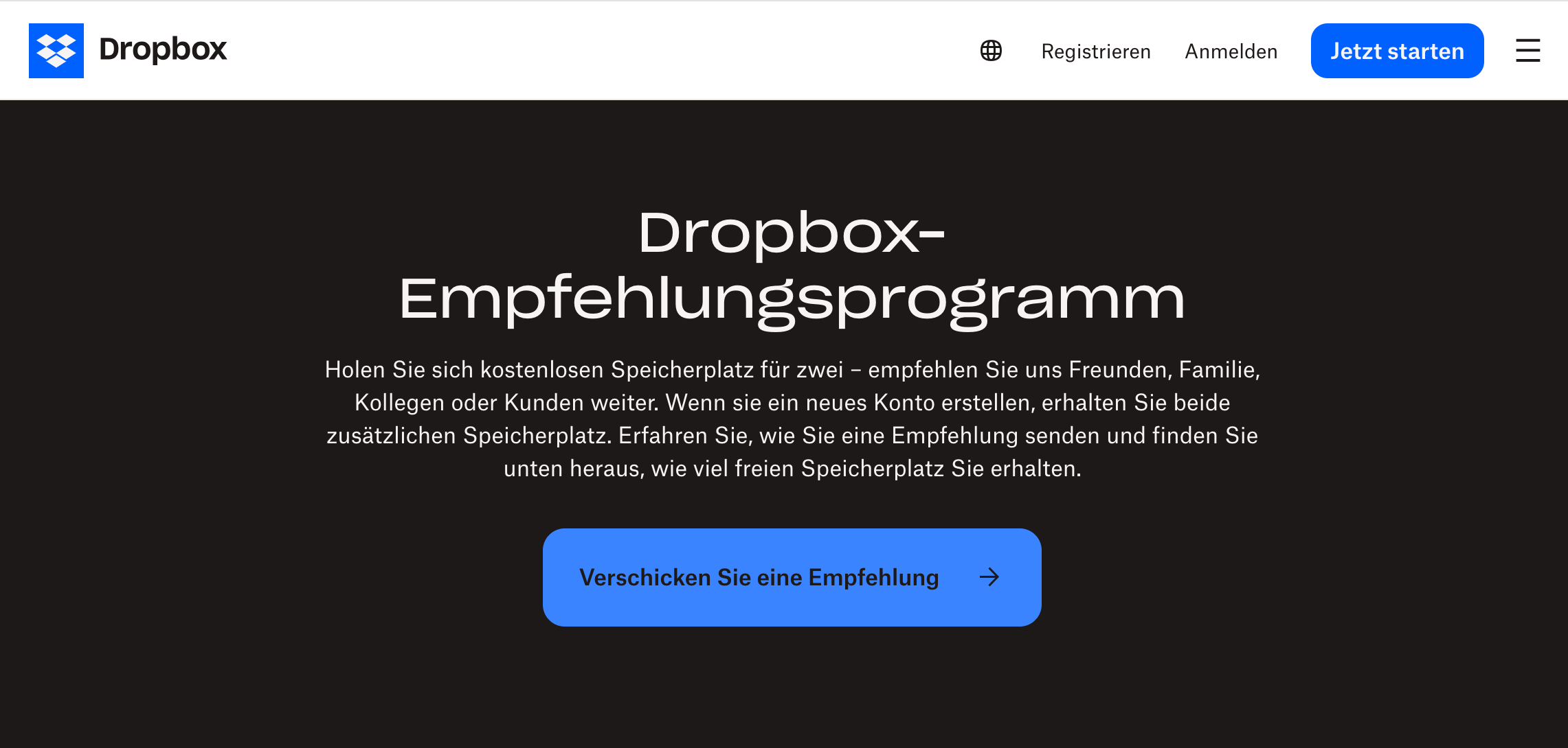 Screenshot Referral-Programm von Dropbox zur Leadgenerierung