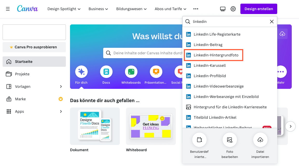 Linkedin-Hintergrundbild in Canva erstellen