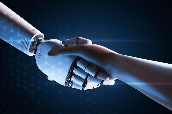 Roboterhand und menschliche Hand symbolisieren Machine Learning
