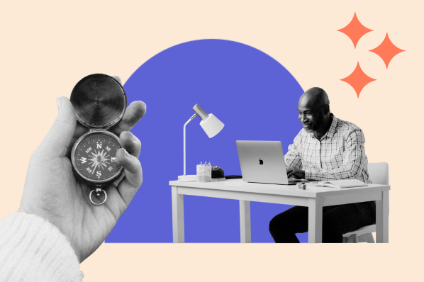 Markenpositionierung mit einer Collage dargestellt, auf der eine Person am Schreibtisch sowie eine Hand mit Kompass zu sehen sind