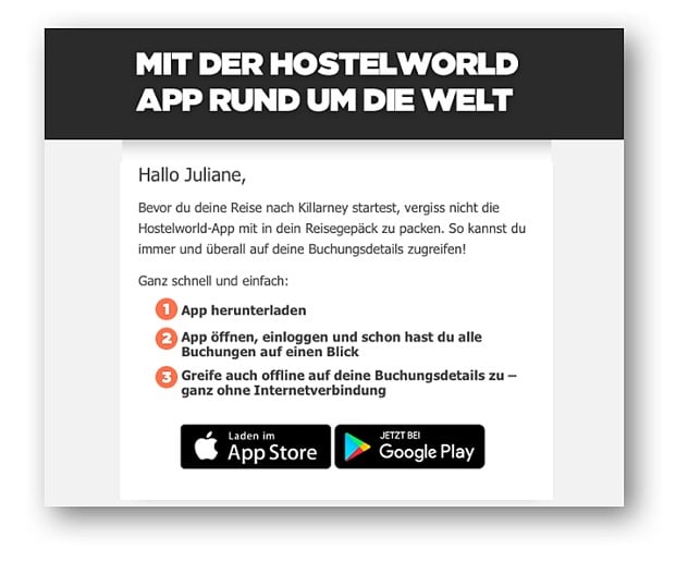 Screenshot der personalisierten Hostelworld App