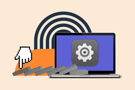 Marketing Automation wird durch Zahnrad, Laptop und Dominosteine visualisiert