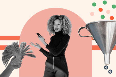 Marketing-Funnel mit einer Collage mit einem Trichter, Geld und einer Person, die praesentiert dargestellt