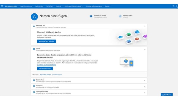 In Ihrem Microsoft-Konto erhalten Sie einen Überblick über alle Ihnen verfügbaren Dienste und Tools.