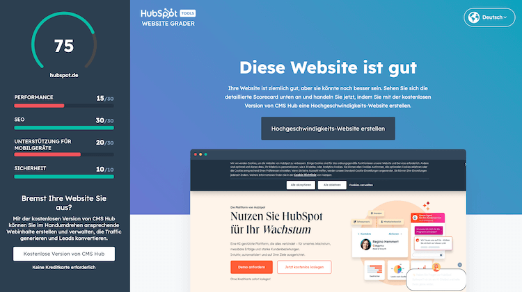 Screenshot aus dem HubSpot Website Grader