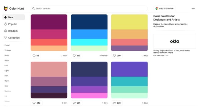 Um die perfekten Farben für ein Moodboard und somit für eine Marke zu finden, eignet sich Color Hunt