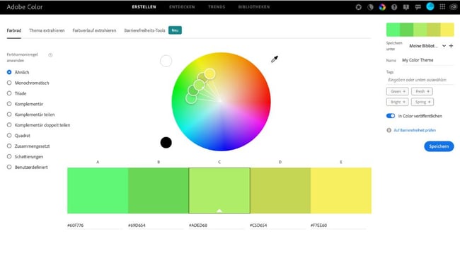 Adobe Color kann ein ebenso gutes Tool für die Erstellung eines Moodboards sein