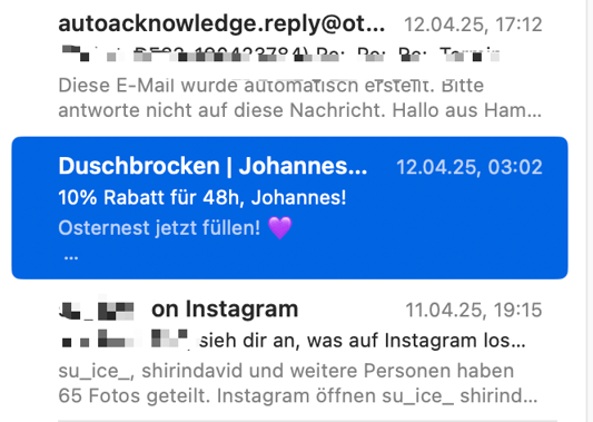 Screenshot einer Betreffzeile von Duschbrocken mit gutem E-Mail-Betreff