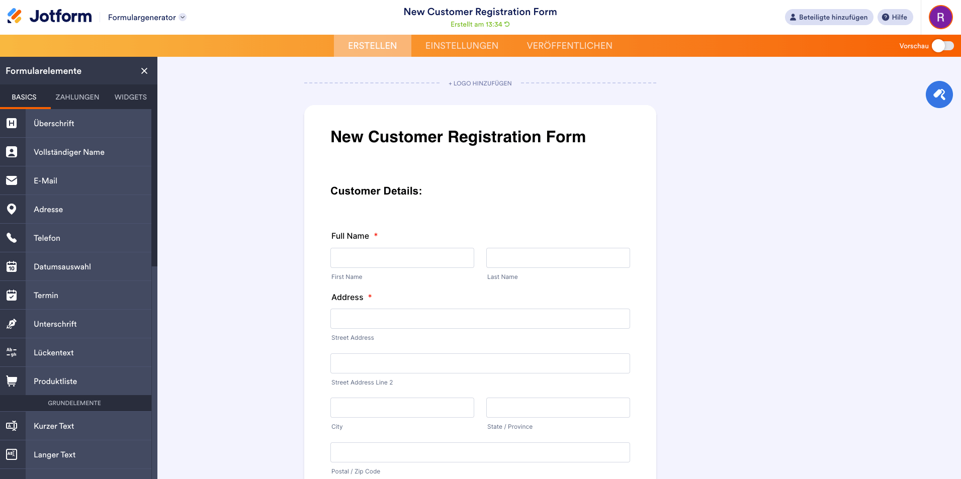 Screenshot Jotform Formular-Designer