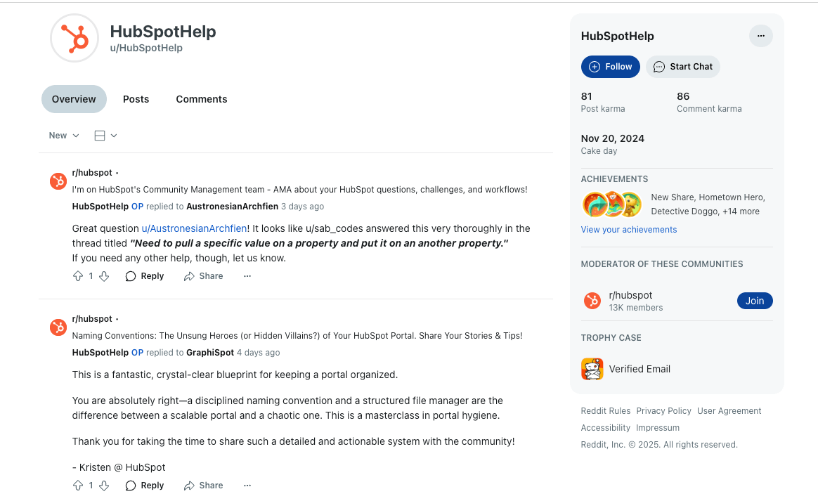 Screenshot der Antworten von u/HubSpotHelp