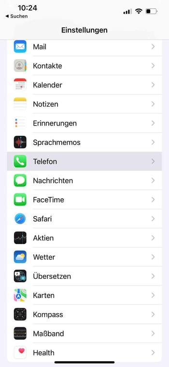 Navigationspunkt Telefon in Einstellungen