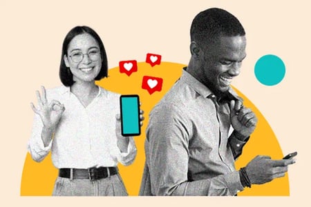 Frau und Mann suchen nach Sales Community auf dem Smartphone