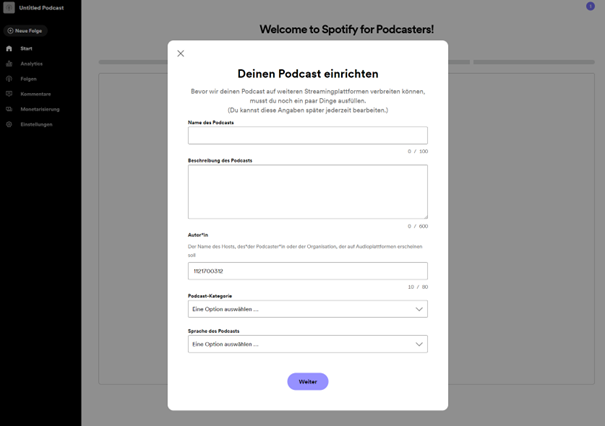 Screenshot Spotify Podcast erstellen: Informationen einfügen