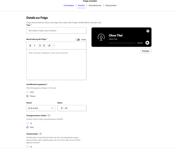 Screenshot Spotify Podcast erstellen: Ergänzen Sie die Episodeninformationen